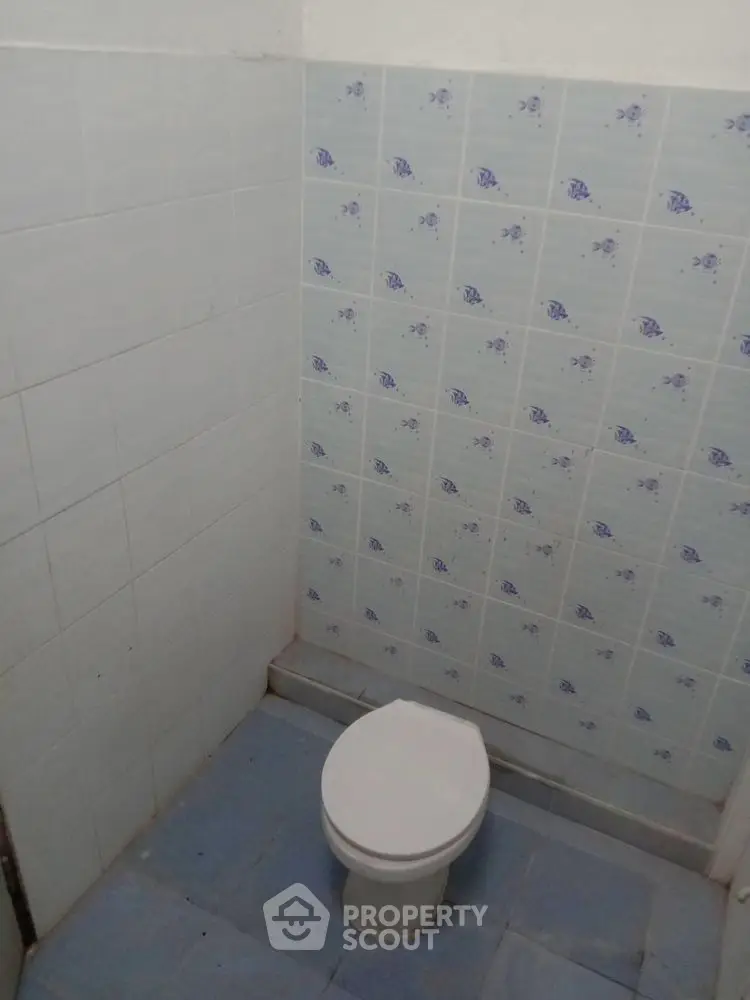 Compact bathroom with blue fish-patterned tiles and white toilet.