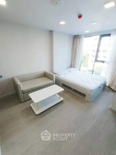 Modern studio apartment with cozy bed and sofa, featuring large windows for natural light.