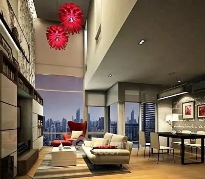 Luxurious modern living room with city skyline view and stylish red accents.