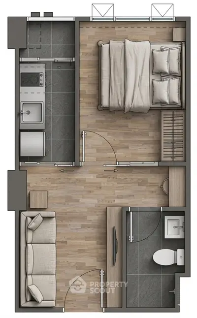 Modern apartment floor plan with bedroom, living room, kitchen, and bathroom layout.