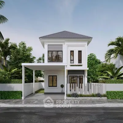 Elegant two-story modern house with lush greenery and spacious driveway