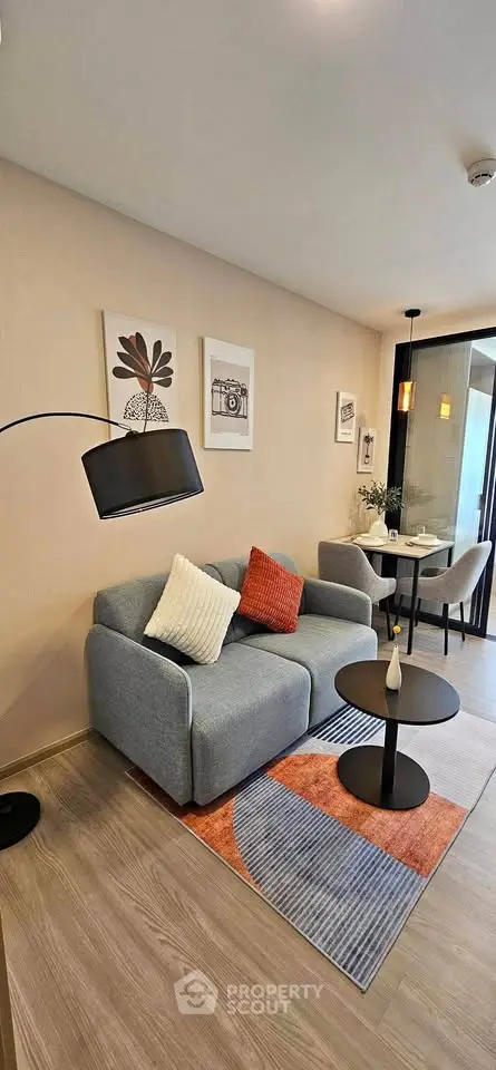 Modern living room with stylish decor and cozy seating area