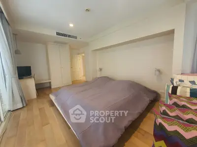 Spacious bedroom with modern decor and natural light