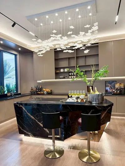 Luxurious modern kitchen with elegant black marble island and stylish lighting