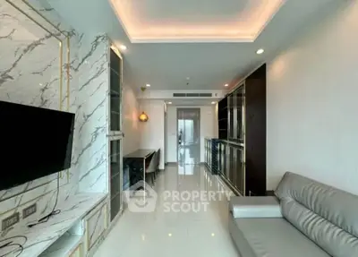 Luxurious modern living room with marble accents and sleek furniture