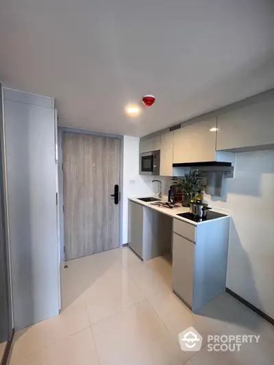 Modern compact kitchen with sleek cabinetry and built-in appliances in a stylish apartment.