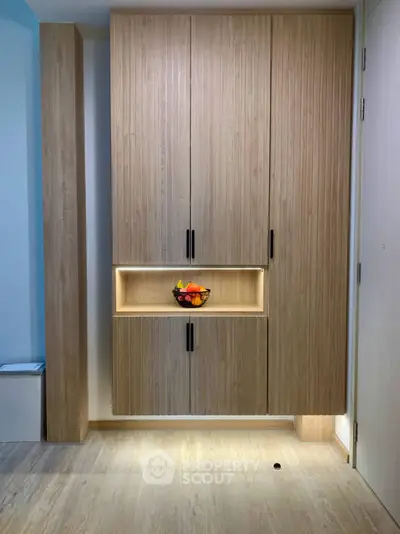 Modern storage cabinet with sleek wooden design and ambient lighting
