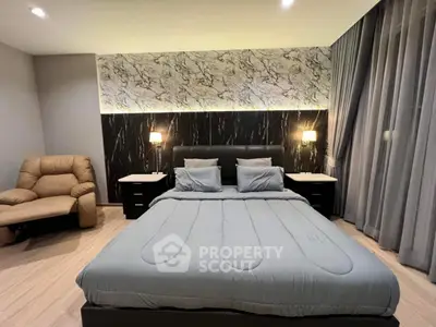 Luxurious modern bedroom with elegant decor and ambient lighting