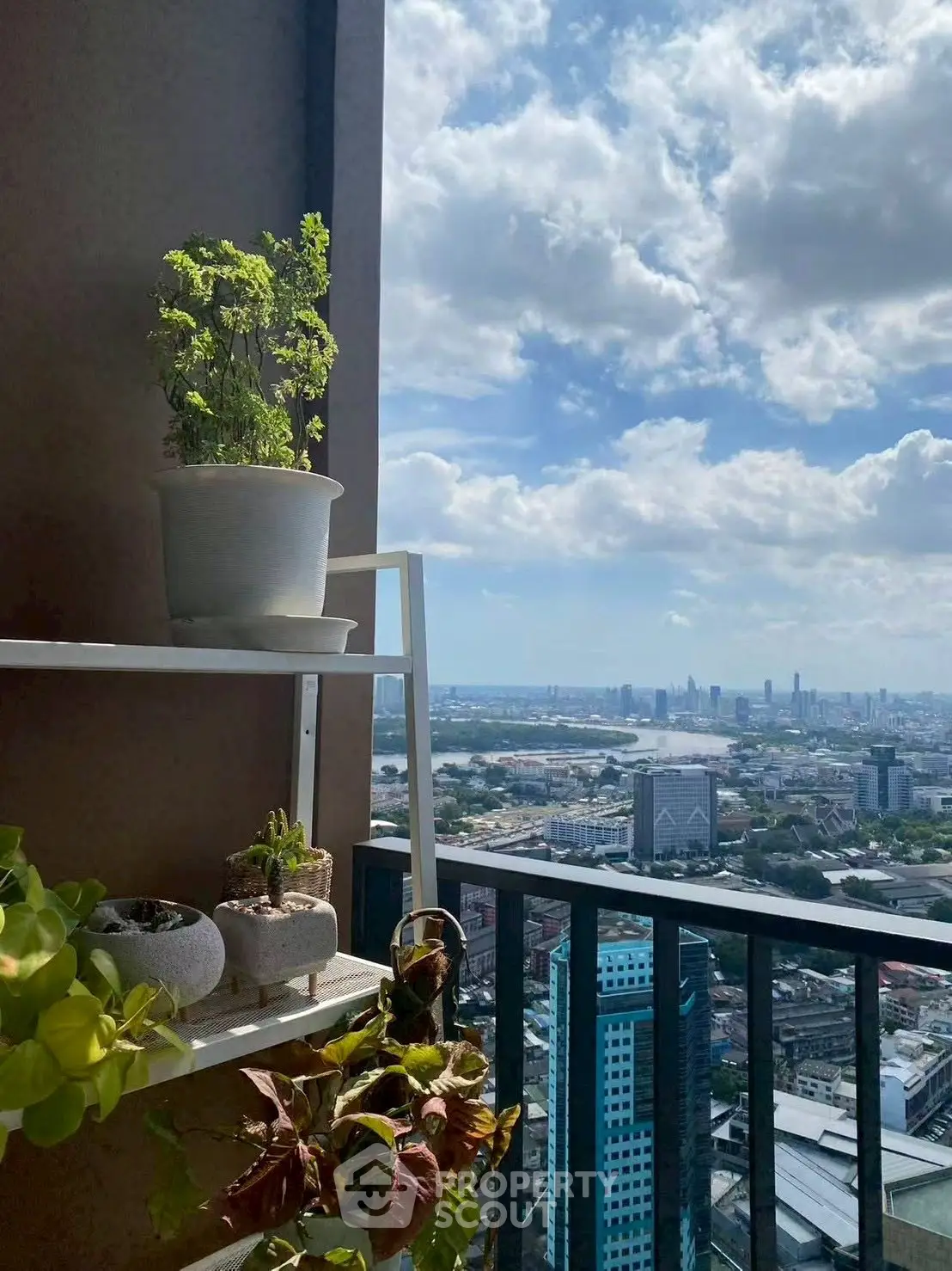 Stunning cityscape view from a high-rise balcony with lush potted plants.