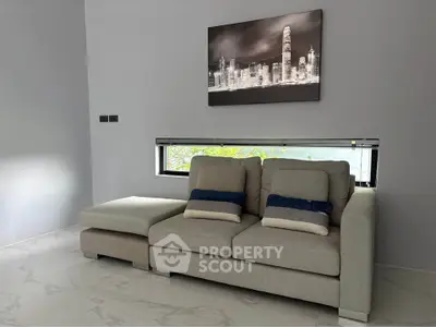 Modern living room with stylish sofa and cityscape artwork, perfect for urban living.