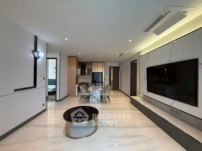 Luxurious modern living room with marble flooring and stylish decor