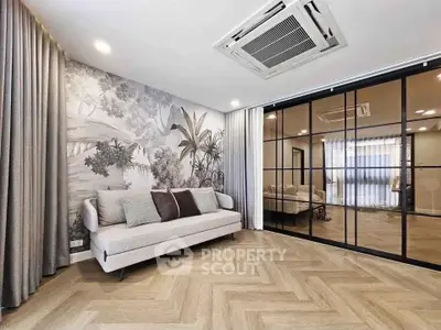 Stylish living room with elegant decor and modern glass partition