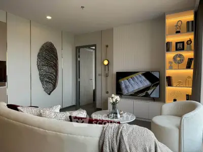 Luxurious modern living room with elegant decor and built-in shelving