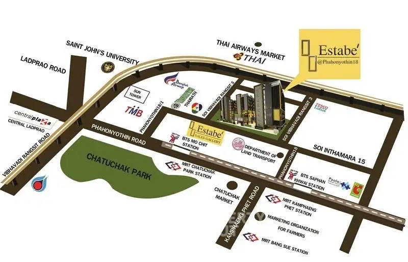 Map showing location of Estabe near Chatuchak Park and Phahonyothin Road.