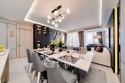 Luxurious modern living room with elegant dining area and stylish lighting