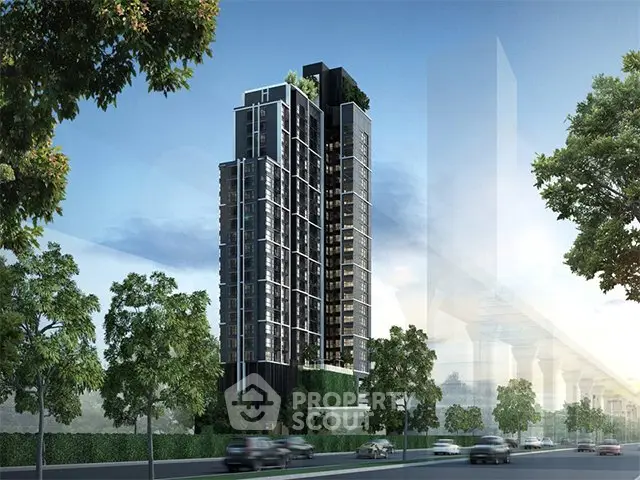 Modern high-rise building with sleek design and lush greenery, ideal for urban living.