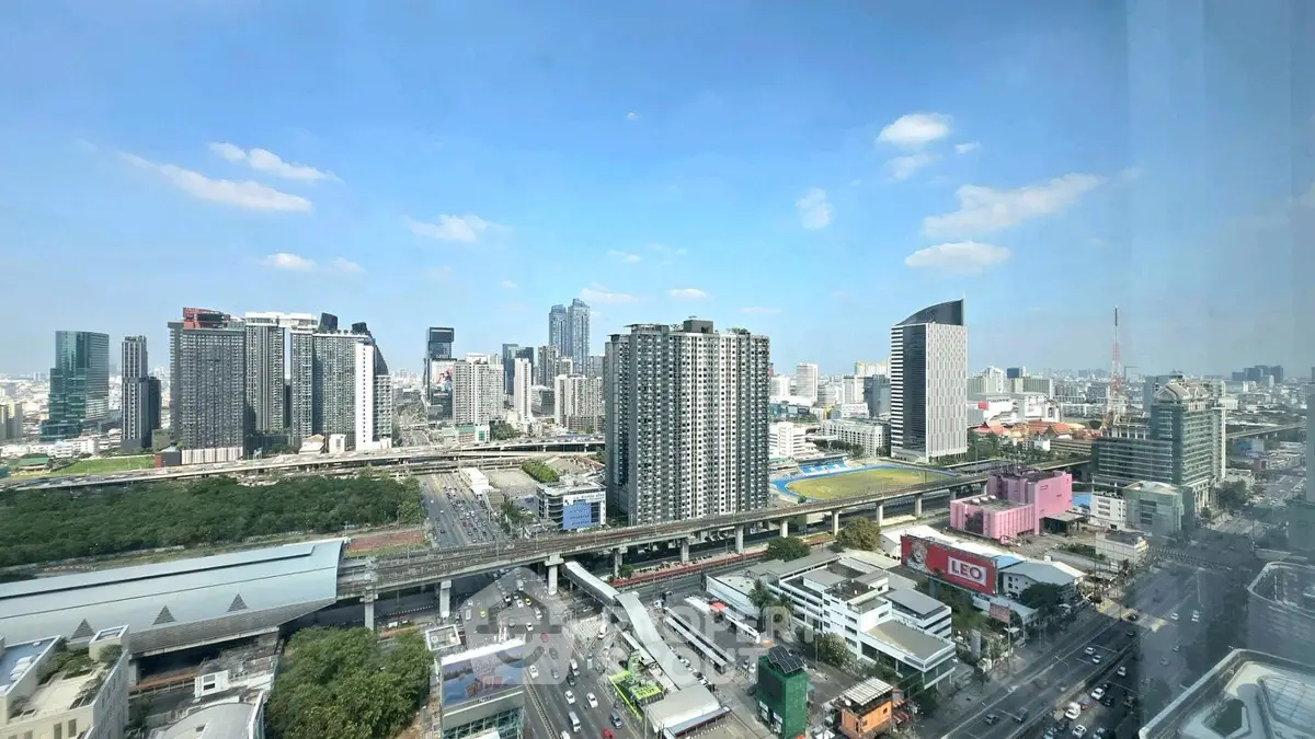 Stunning cityscape view from high-rise building with clear blue sky
