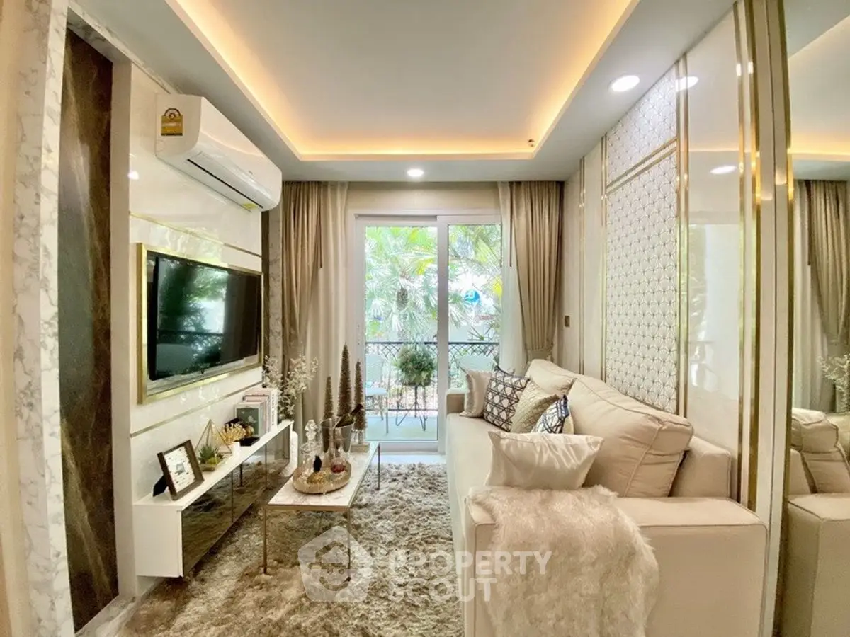 Luxurious living room with elegant decor and large window view