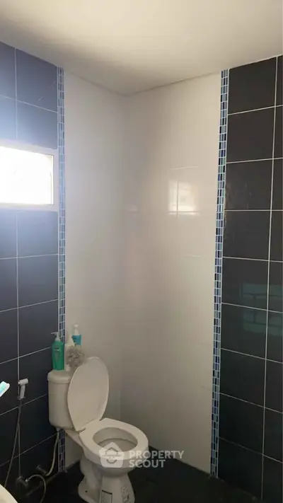 Modern bathroom with sleek black and white tiles and natural light.