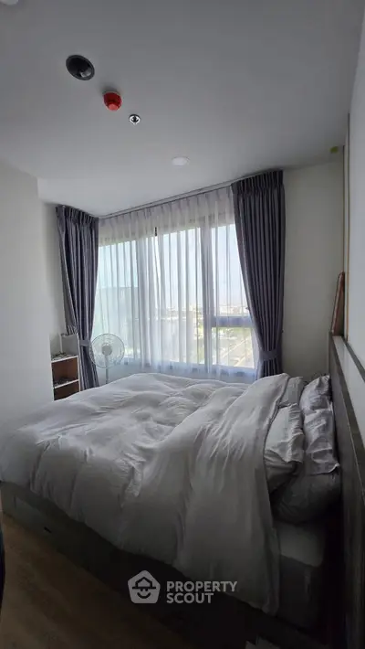 Cozy bedroom with large window and elegant curtains in modern apartment.