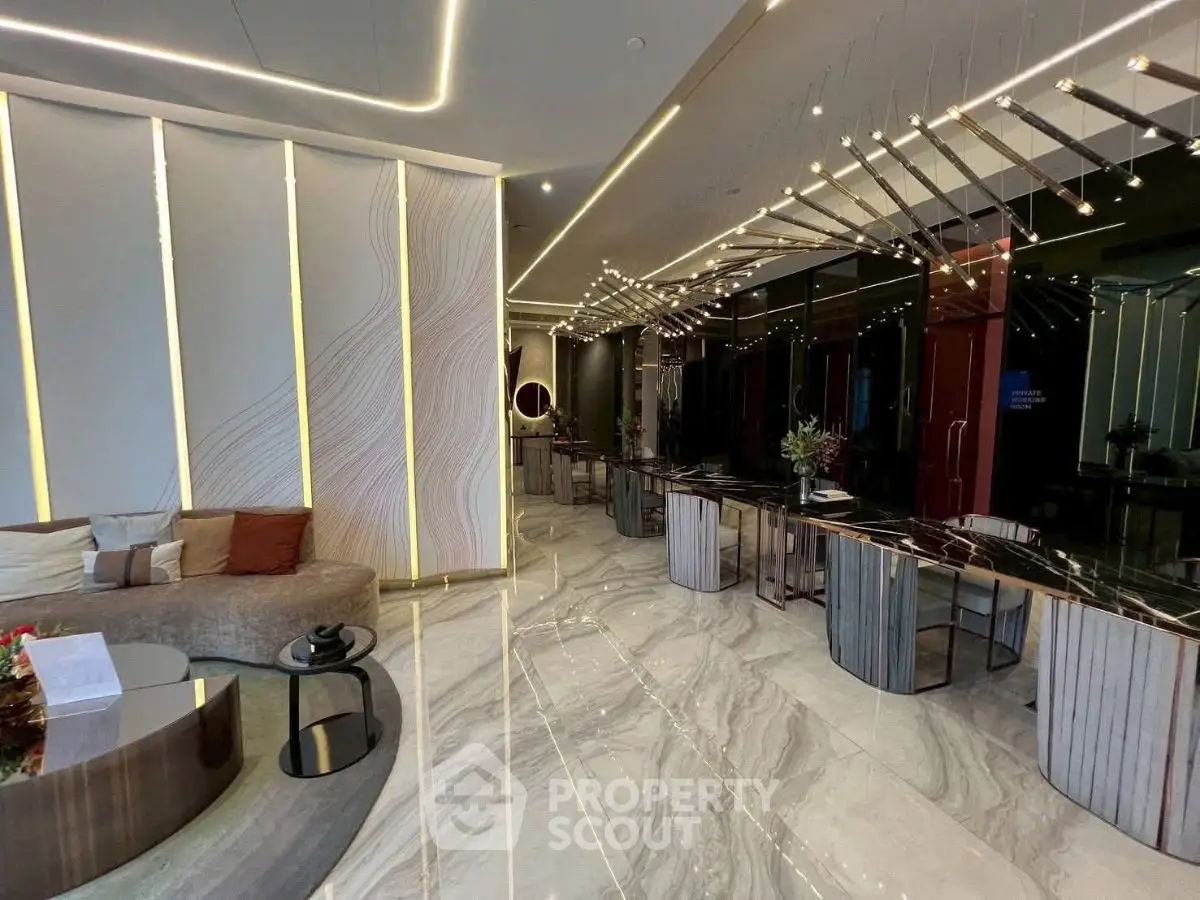 Luxurious modern living room with elegant lighting and marble flooring