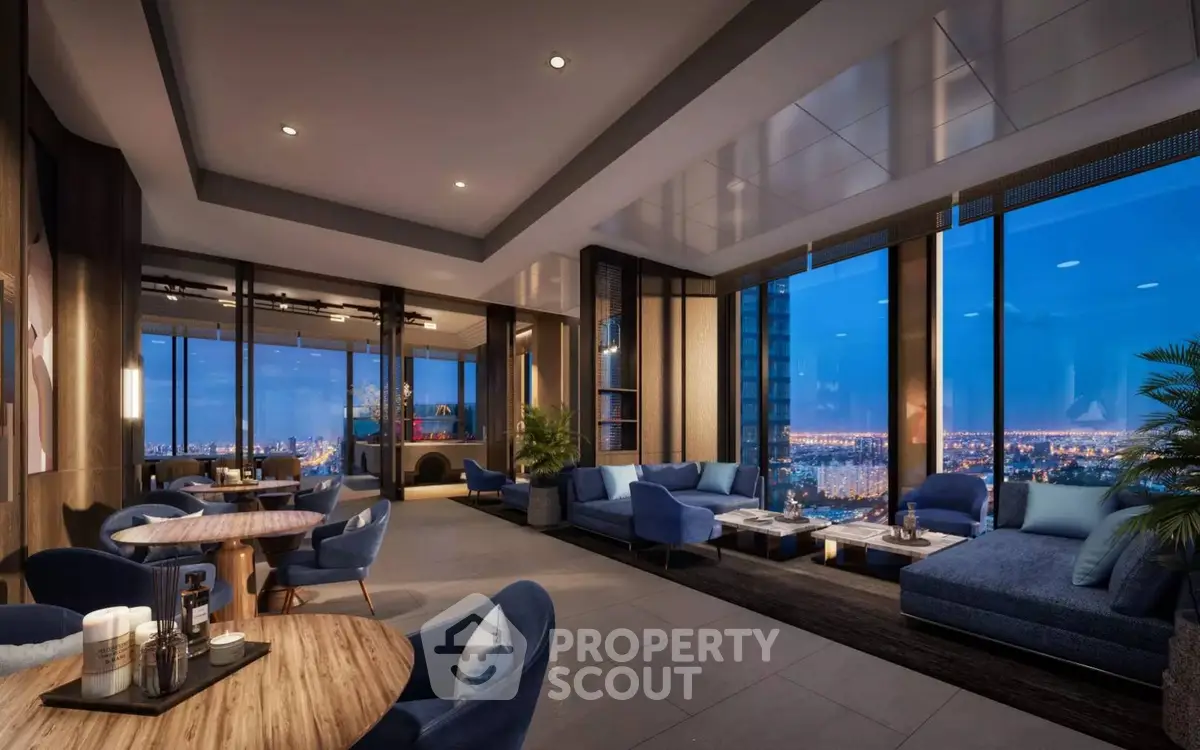 Luxurious high-rise lounge with stunning city skyline views and elegant modern decor.