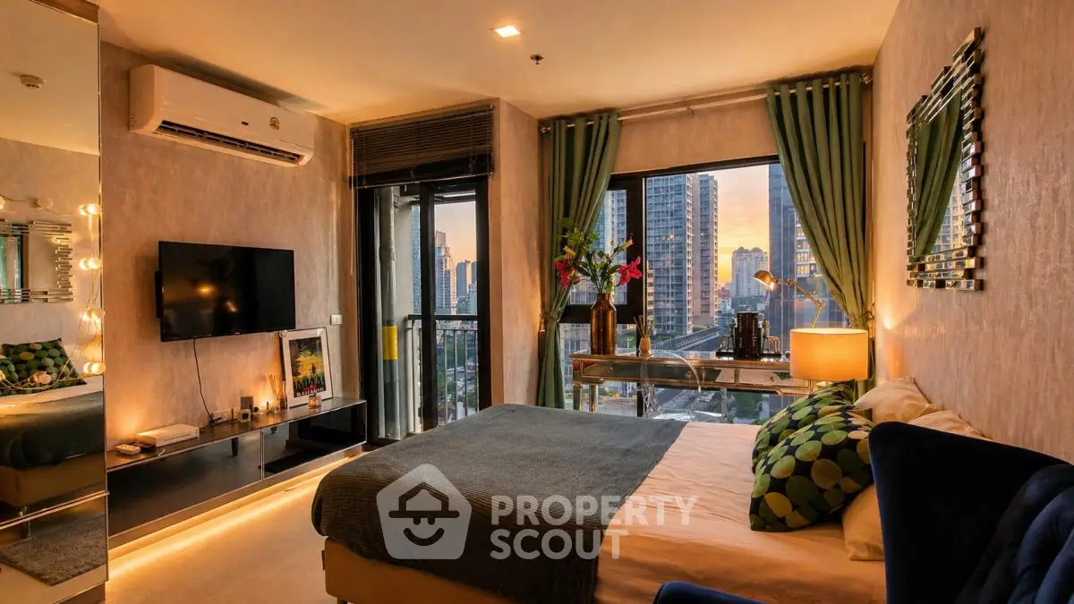 Luxurious bedroom with city view, modern decor, and ambient lighting in high-rise apartment.