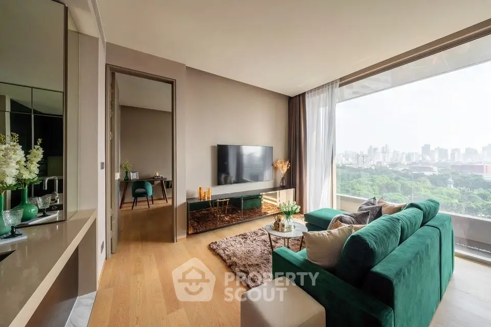 Luxurious living room with stunning city view and elegant decor