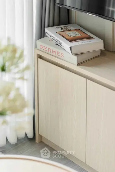 Stylish modern living room with elegant decor and luxury books on a sleek cabinet.