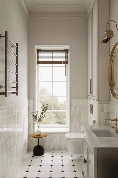 Elegant bathroom with classic design, featuring a large window and stylish fixtures.