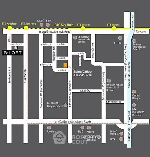 Map showing location of B-Loft near BTS Sky Train and local amenities.