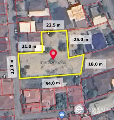 Aerial view of a plot of land with boundary measurements in a residential area.