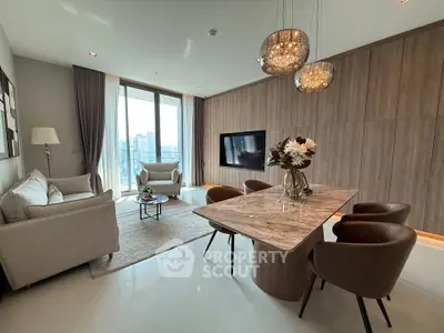 Luxurious modern living room with elegant dining area and city view