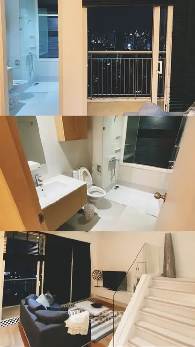 Modern apartment with stunning city view, cozy living room, and sleek bathroom design.