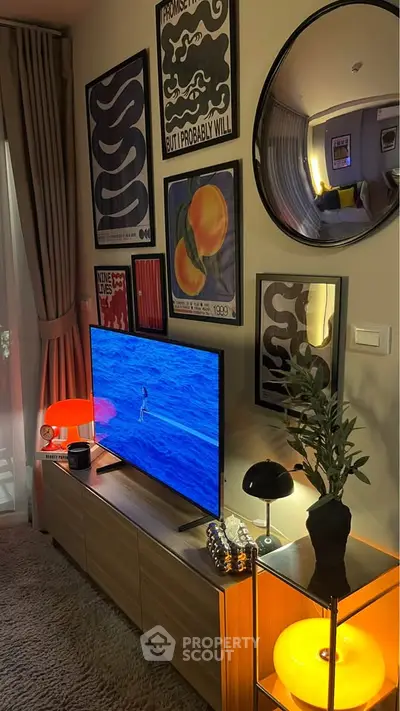 Stylish living room with modern decor and vibrant lighting