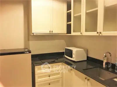 Charming kitchen with sleek black countertops and modern appliances in cozy apartment.
