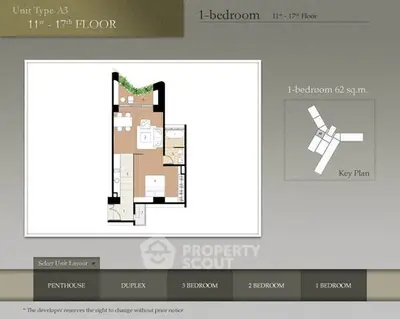 Floor plan of a 1-bedroom apartment with modern layout on 11th to 17th floor.