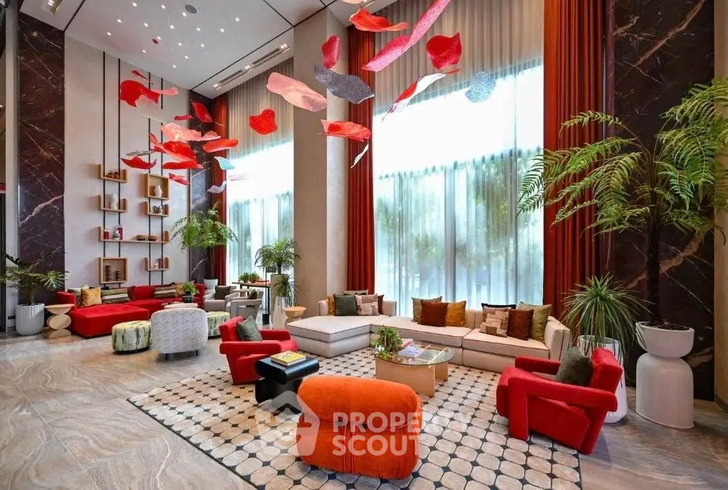 Luxurious modern living room with vibrant decor and high ceilings