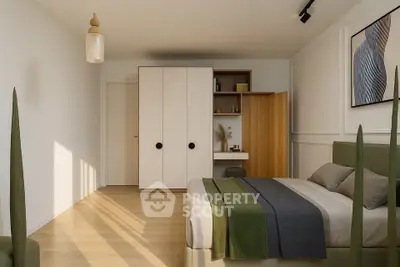 Modern bedroom with stylish decor and ample natural light