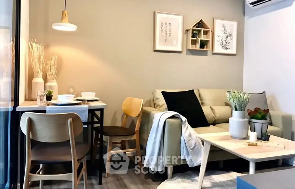 Chic modern living room with cozy dining area and stylish decor