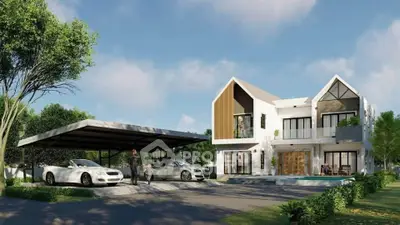 Modern two-story house with carport and lush landscaping in a serene neighborhood.
