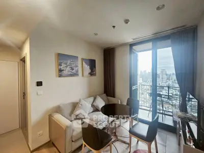 Modern living room with city view balcony in high-rise apartment