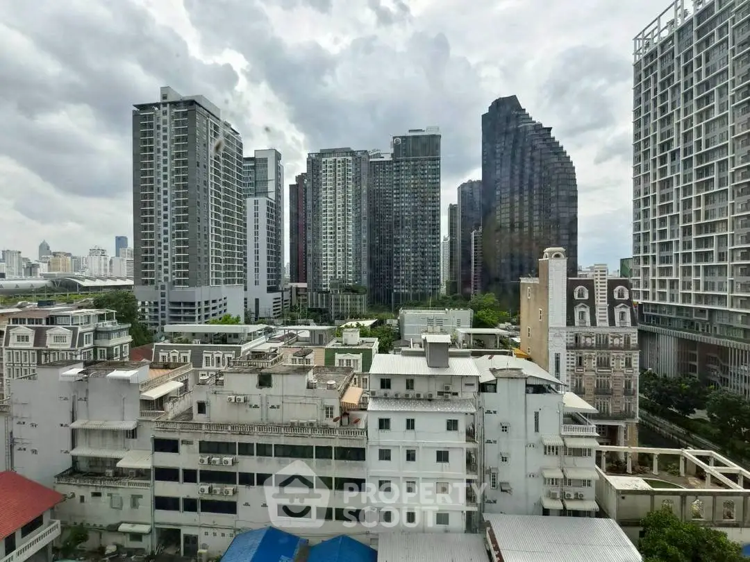 Stunning cityscape view of modern high-rise buildings under a cloudy sky, showcasing urban living.