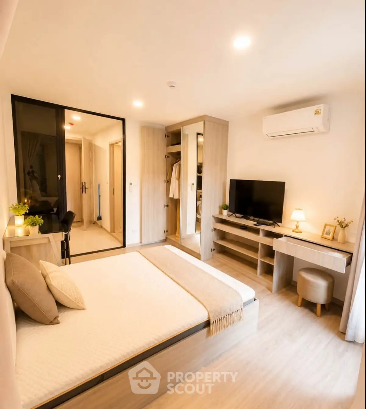 Modern bedroom with stylish decor, mirrored wardrobe, and cozy lighting
