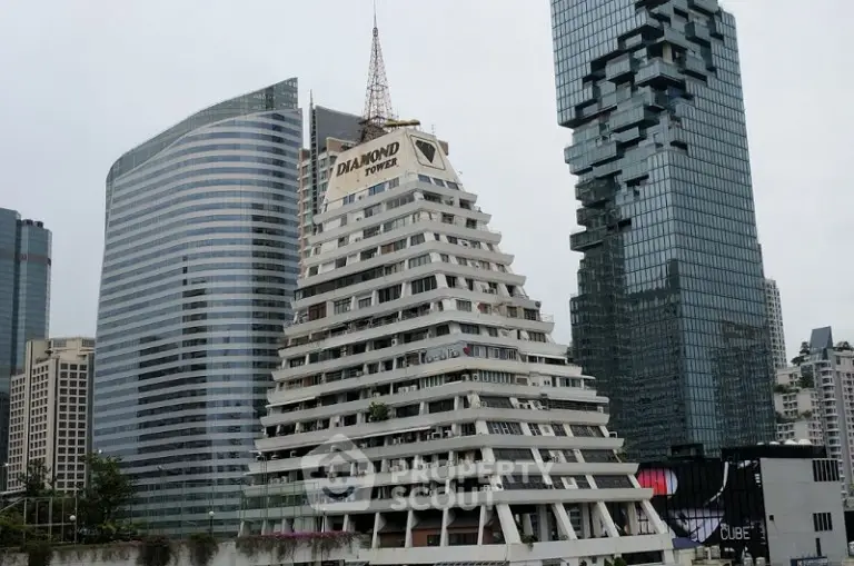 Iconic pyramid-shaped building amidst modern skyscrapers in urban skyline