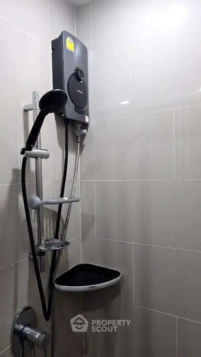 Modern bathroom shower with sleek fixtures and water heater