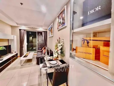Luxurious living room with elegant decor and designer brand displays