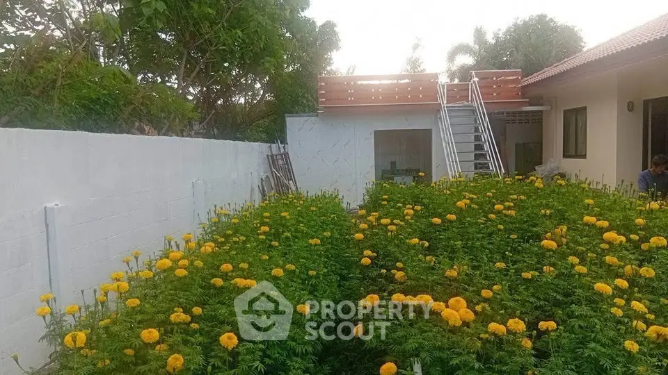 Charming garden with vibrant marigolds and a rooftop terrace in a serene residential setting.