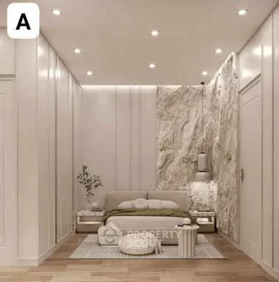 Luxurious modern bedroom with elegant lighting and textured wall design.