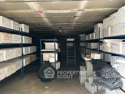 Spacious storage room with organized shelving and ample space for inventory.